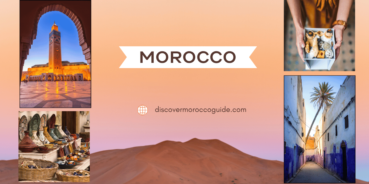 Morocco desert landscape with camels at sunset